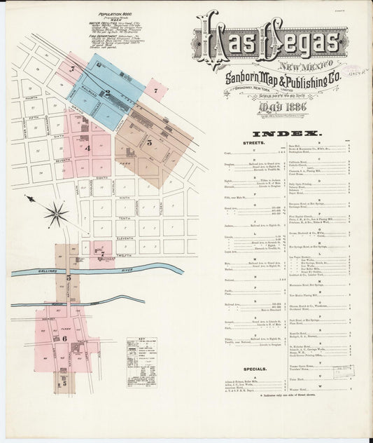 Sanborn Fire Insurance Map from Las Vegas, San Miguel County, New Mexico (1886), Sheet #0001 - Historic Sanborn Fire Insurance Map Print, vintage old map wall art, antique decor, genealogy gift, New Mexico New Mexico map
