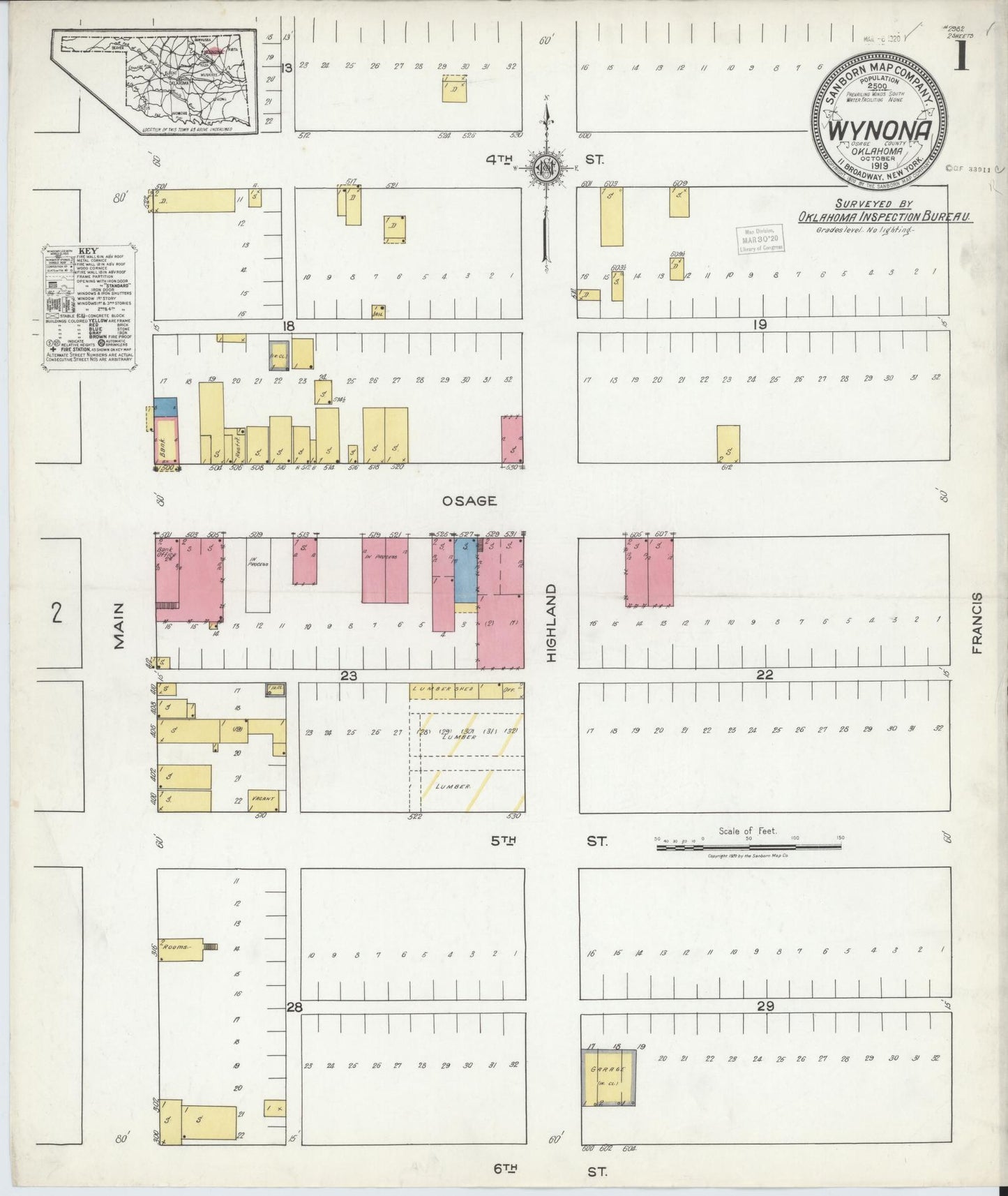 Sanborn Fire Insurance Map from Wynona, Osage County, Oklahoma (1919), Sheet #0001 - Complete Map Set gallery image, historic Sanborn map, vintage wall art, Oklahoma Oklahoma