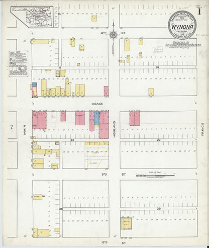 Sanborn Fire Insurance Map from Wynona, Osage County, Oklahoma (1919), Sheet #0001 - Complete Map Set gallery image, historic Sanborn map, vintage wall art, Oklahoma Oklahoma