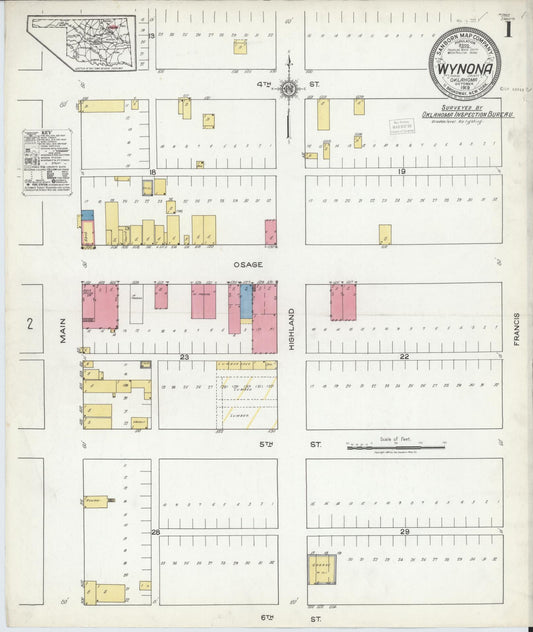 Sanborn Fire Insurance Map from Wynona, Osage County, Oklahoma (1919), Sheet #0001 - Complete Map Set gallery image, historic Sanborn map, vintage wall art, Oklahoma Oklahoma