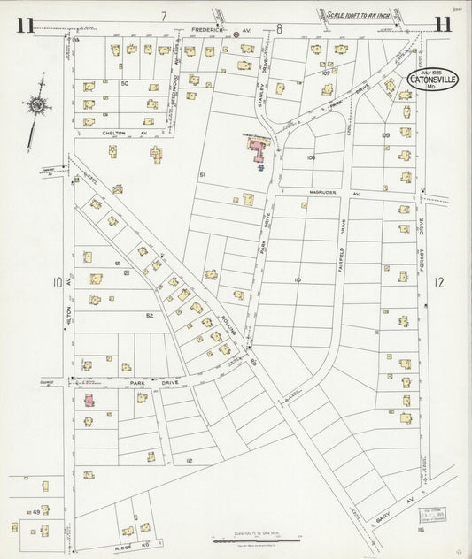 Sanborn Fire Insurance Map from Catonsville, Baltimore County, Maryland (1925), Sheet #0011 - Historic Sanborn Fire Insurance Map Print, vintage old map wall art, antique decor, genealogy gift, Maryland Maryland map