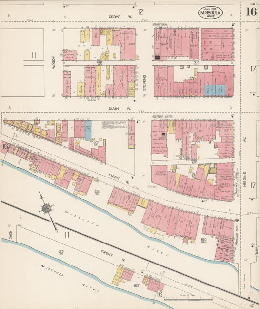 Sanborn Fire Insurance Map from Missoula, Missoula County, Montana (1912), Sheet #0016 - Historic Sanborn Fire Insurance Map Print, vintage old map wall art, antique decor, genealogy gift, Montana Montana map