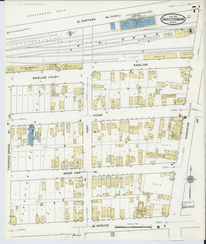 Sanborn Fire Insurance Map from Sault Sainte Marie, Chippewa County, Michigan (1915), Sheet #0007 - Historic Sanborn Fire Insurance Map Print, vintage old map wall art, antique decor, genealogy gift, Michigan Michigan map