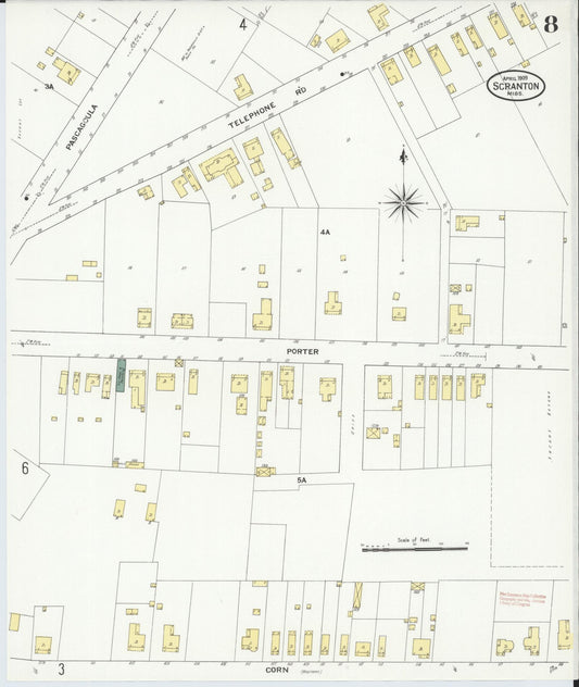 Sanborn Fire Insurance Map from Scranton, Jackson County, Mississippi (1909), Sheet #0008 - Historic Sanborn Fire Insurance Map Print, vintage old map wall art, antique decor, genealogy gift, Mississippi Mississippi map