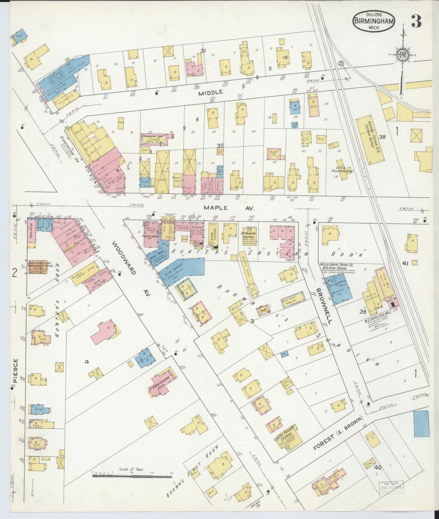 Sanborn Fire Insurance Map from Birmingham, Oakland County, Michigan (1915), Sheet #0003 - Historic Sanborn Fire Insurance Map Print, vintage old map wall art, antique decor, genealogy gift, Michigan Michigan map