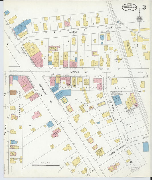 Sanborn Fire Insurance Map from Birmingham, Oakland County, Michigan (1915), Sheet #0003 - Historic Sanborn Fire Insurance Map Print, vintage old map wall art, antique decor, genealogy gift, Michigan Michigan map