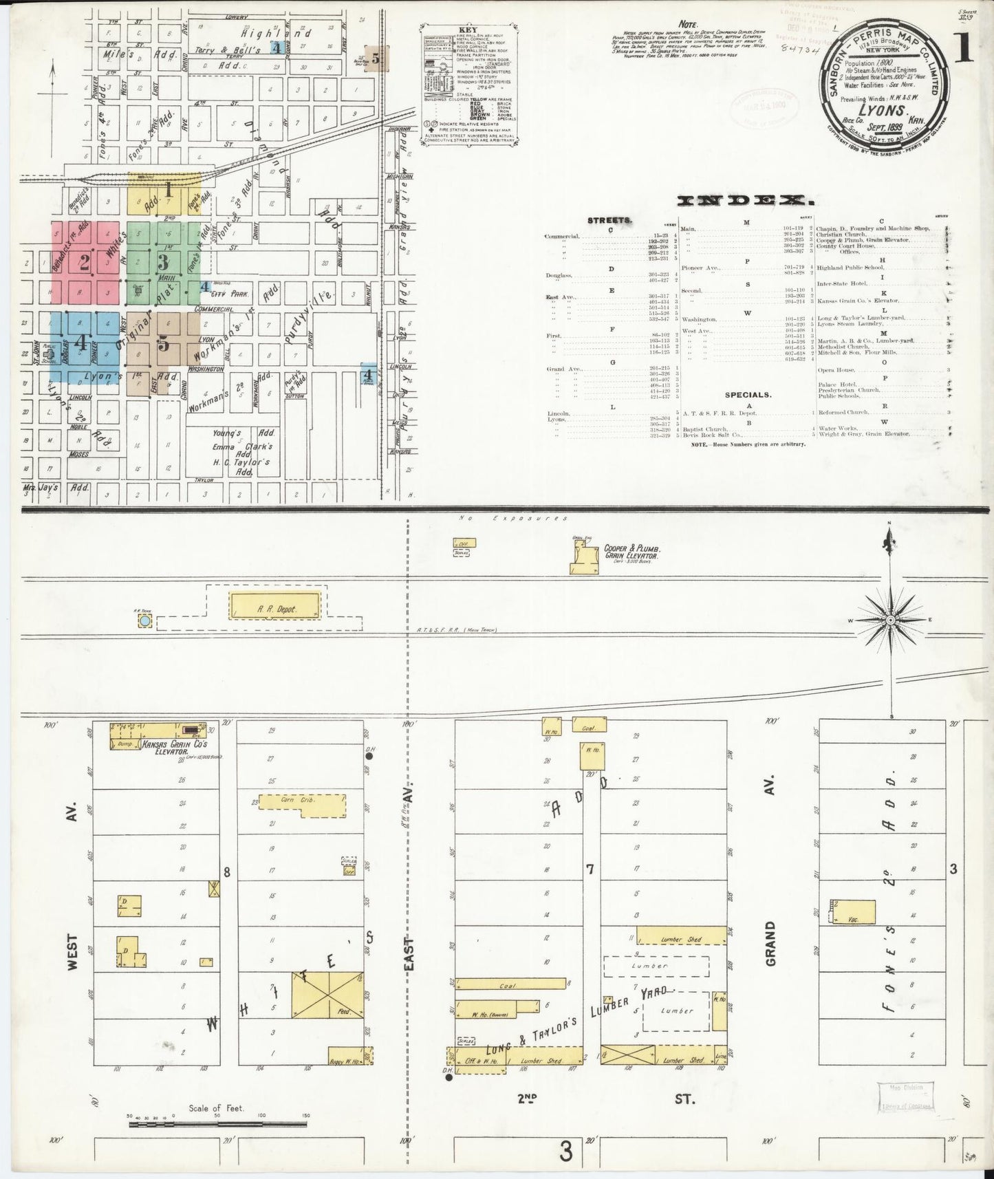 Sanborn Fire Insurance Map from Lyons, Rice County, Kansas (1899), Sheet #0001 - Historic Sanborn Fire Insurance Map Print, vintage old map wall art, antique decor, genealogy gift, Kansas Kansas map