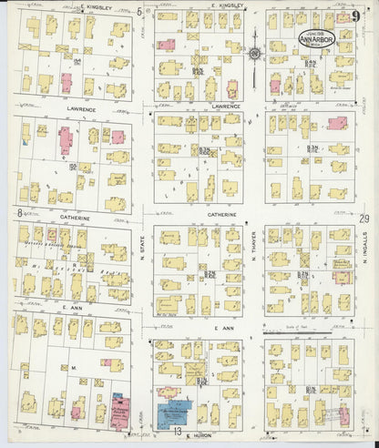 Sanborn Fire Insurance Map from Ann Arbor, Washtenaw County, Michigan (1916), Sheet #0009 - Historic Sanborn Fire Insurance Map Print, vintage old map wall art, antique decor, genealogy gift, Michigan Michigan map