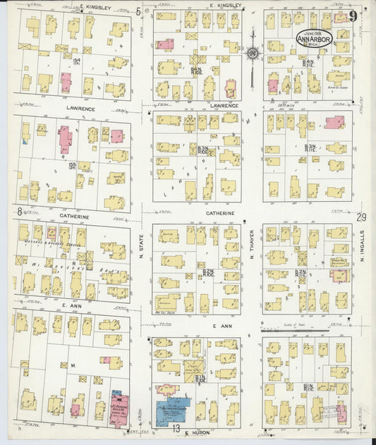 Sanborn Fire Insurance Map from Ann Arbor, Washtenaw County, Michigan (1916), Sheet #0009 - Historic Sanborn Fire Insurance Map Print, vintage old map wall art, antique decor, genealogy gift, Michigan Michigan map