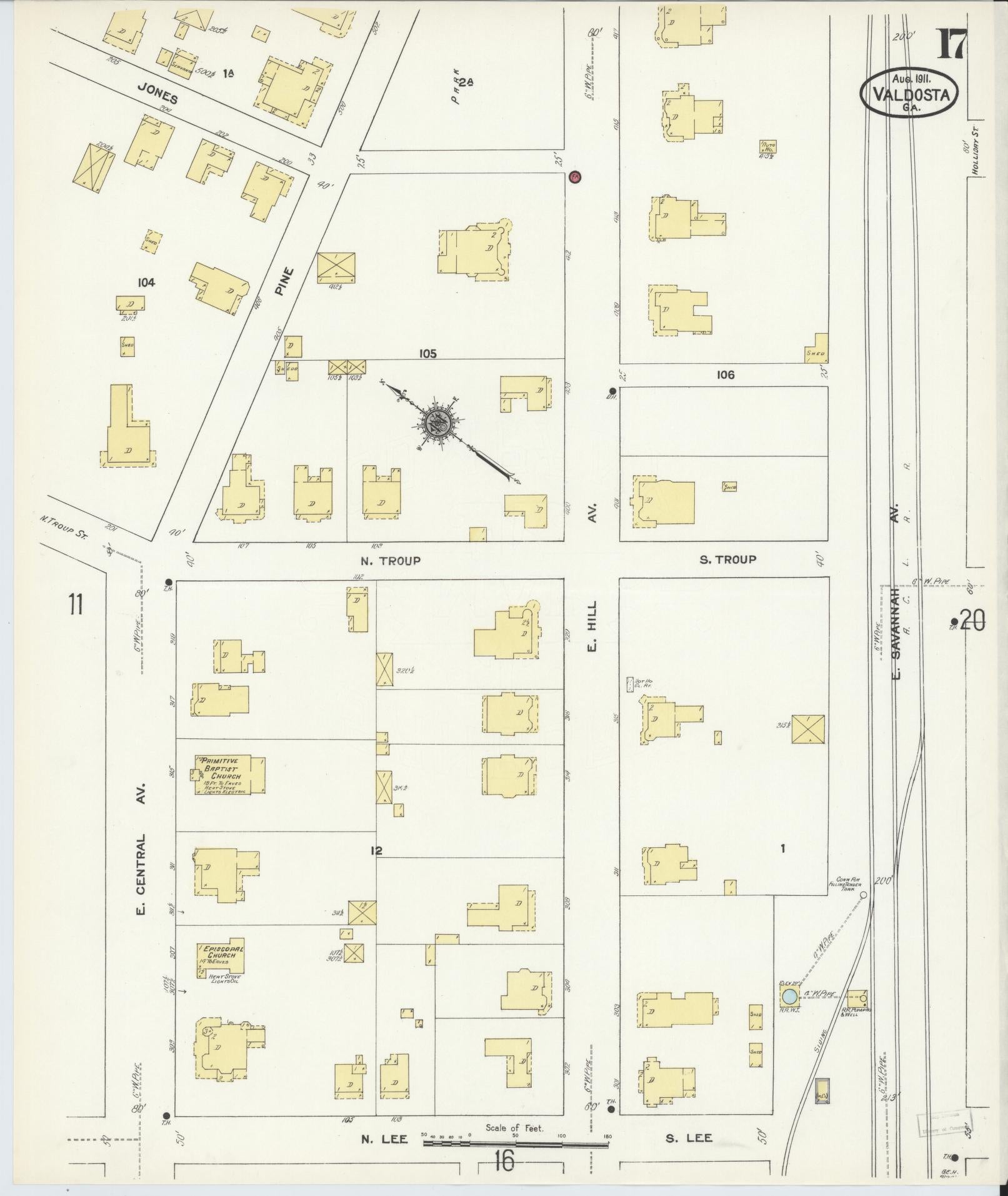Sanborn Fire Insurance Map from Valdosta, Lowndes County, Georgia (1911), Sheet #0017 - Historic Sanborn Fire Insurance Map Print, vintage old map wall art, antique decor, genealogy gift, Georgia Georgia map