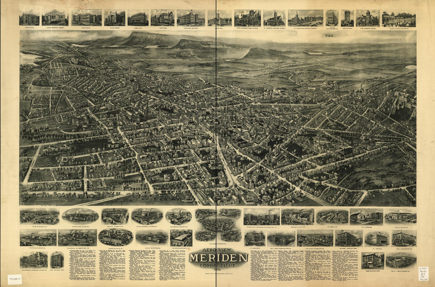 Aero view of Meriden, Connecticut 1918. (1918) – Historic Bird’s-Eye View Panorama Print