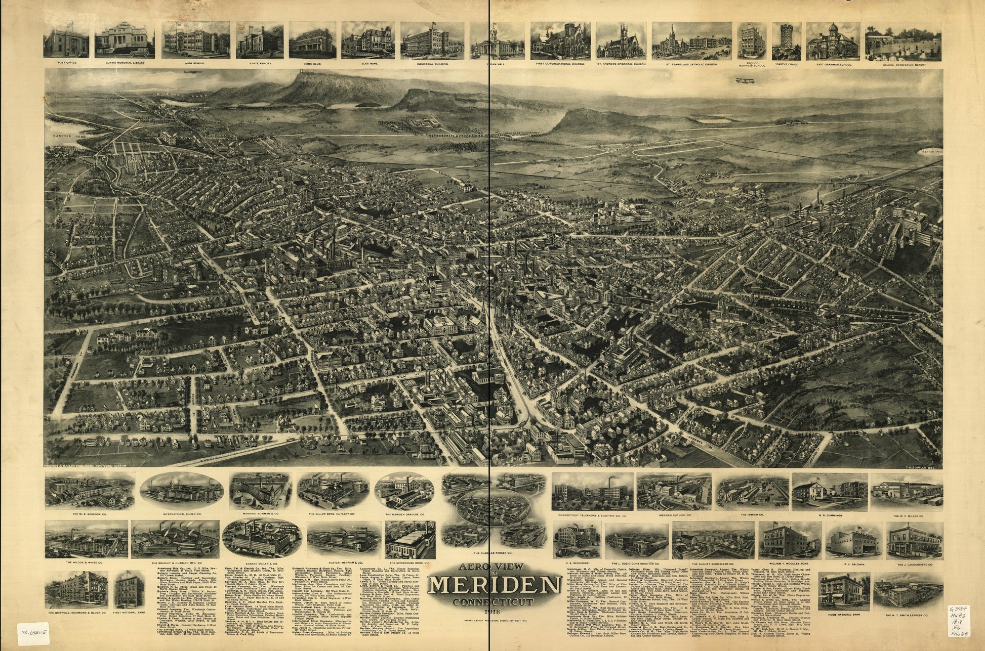 Aero view of Meriden, Connecticut 1918. (1918) – Historic Bird’s-Eye View Panorama Print