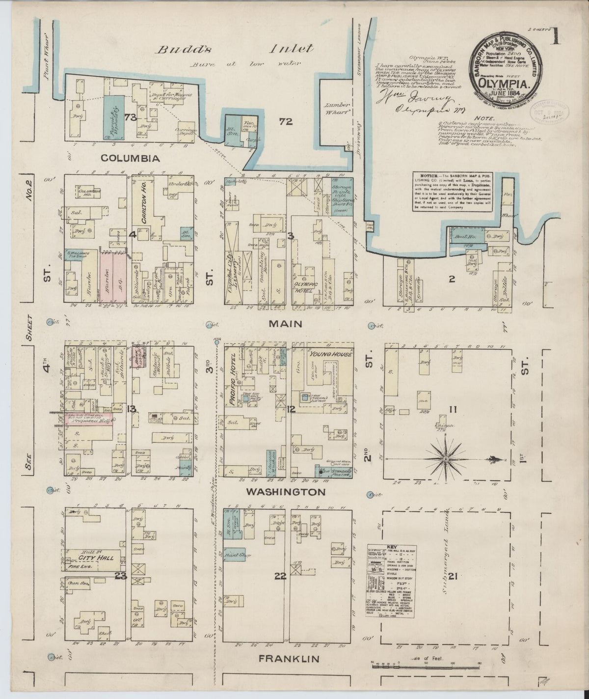 Sanborn Fire Insurance Map from Olympia, Thurston County, Washington (1884), Sheet #0001 - Historic Sanborn Fire Insurance Map Print, vintage old map wall art, antique decor, genealogy gift, Washington Washington map