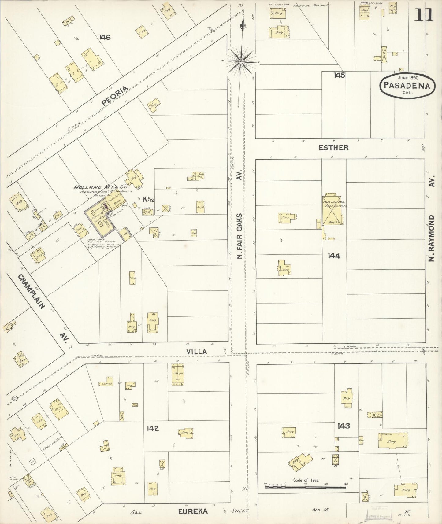 Sanborn Fire Insurance Map from Pasadena, Los Angeles County, California (1890), Sheet #0011 - Complete Map Set gallery image, historic Sanborn map, vintage wall art, California California