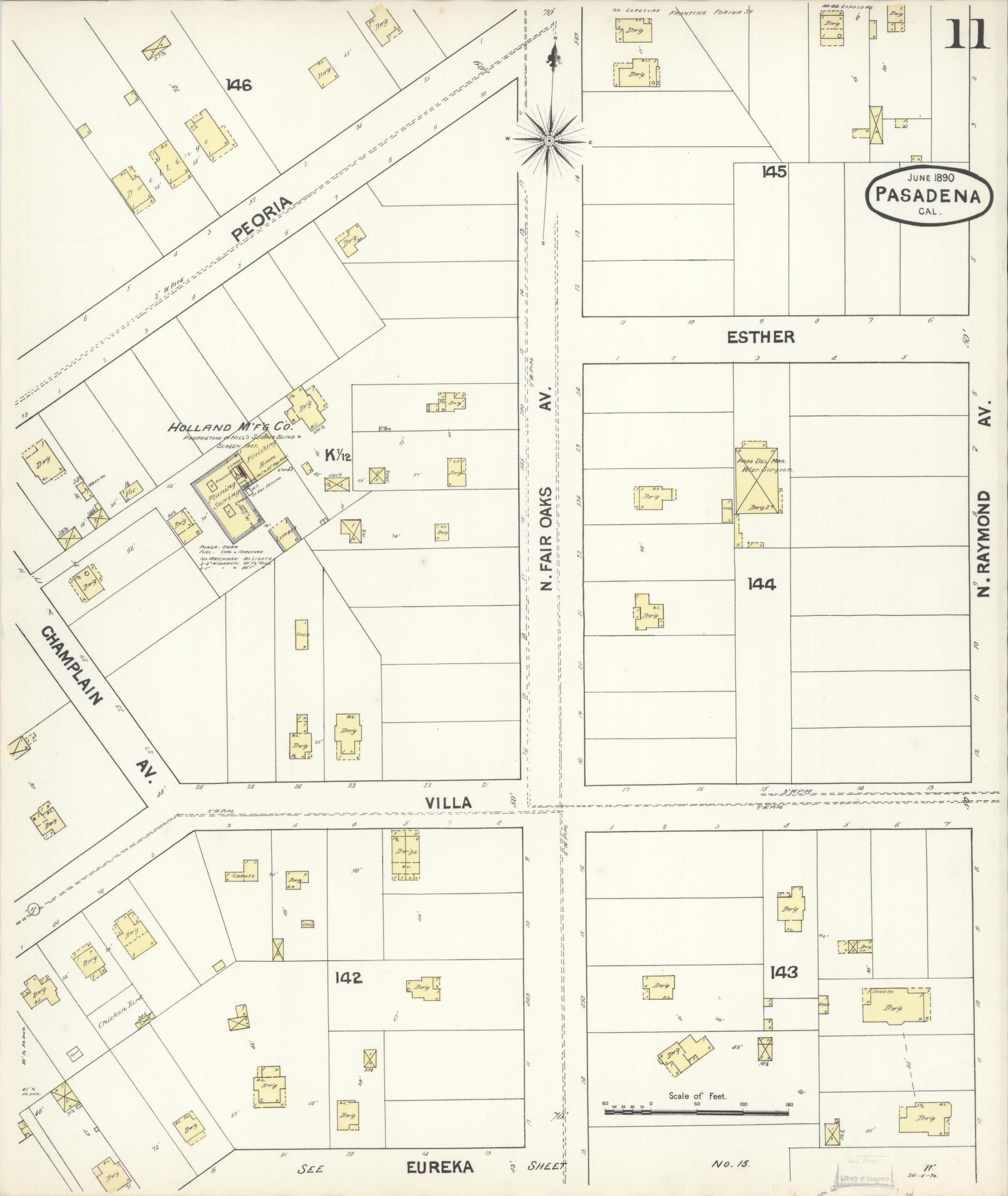 Sanborn Fire Insurance Map from Pasadena, Los Angeles County, California (1890), Sheet #0011 - Complete Map Set gallery image, historic Sanborn map, vintage wall art, California California