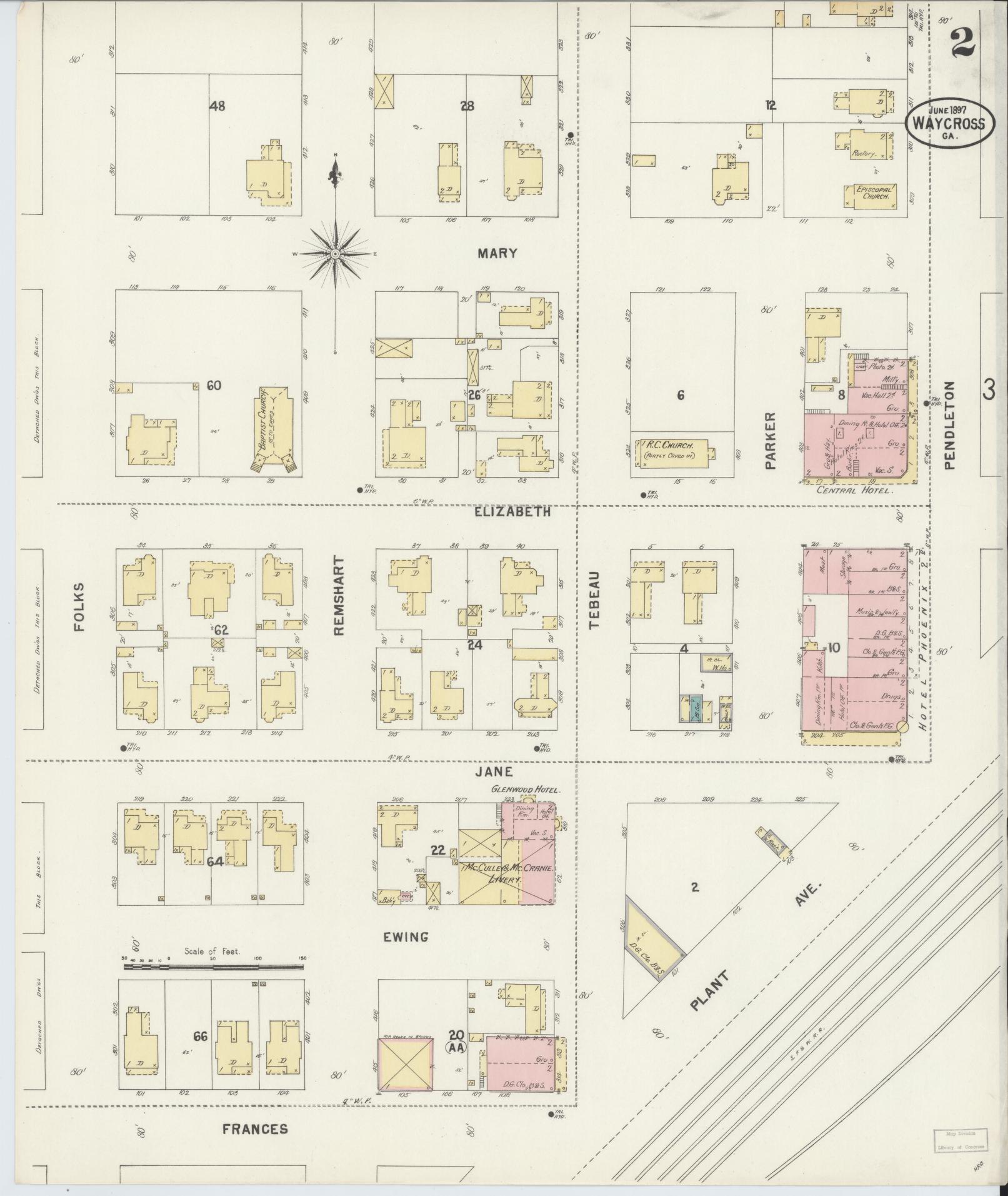 Sanborn Fire Insurance Map from Waycross, Ware County, Georgia (1897), Sheet #0002 - Historic Sanborn Fire Insurance Map Print, vintage old map wall art, antique decor, genealogy gift, Georgia Georgia map