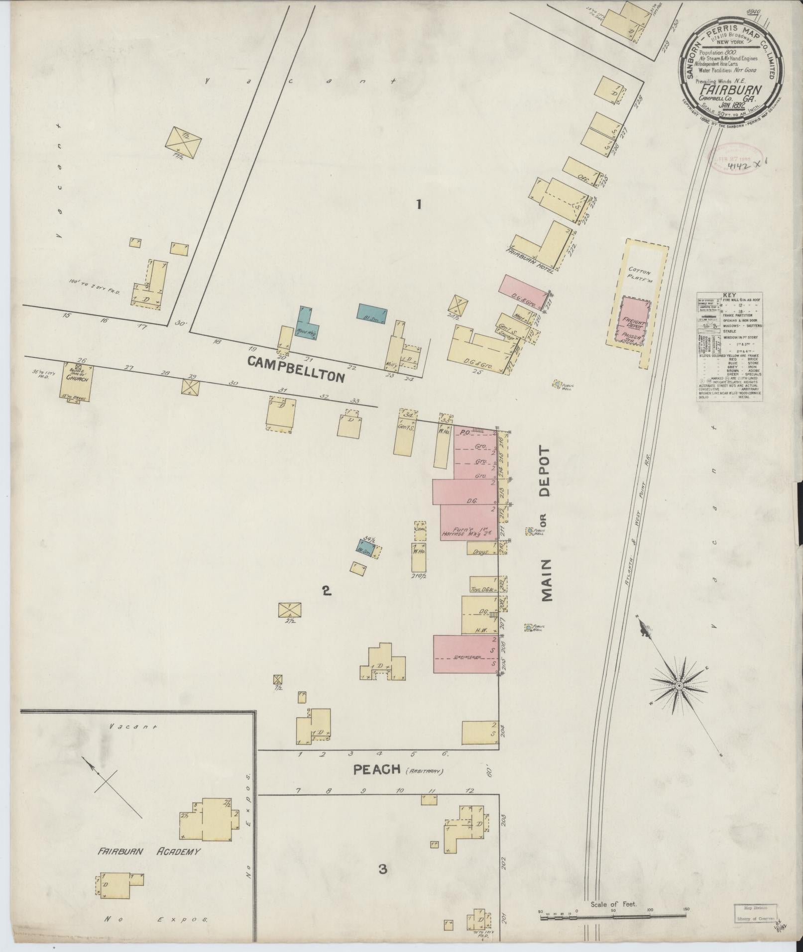 Sanborn Fire Insurance Map from Fairburn, Fulton County, Georgia (1892), Sheet #0001 - Historic Sanborn Fire Insurance Map Print, vintage old map wall art, antique decor, genealogy gift, Georgia Georgia map