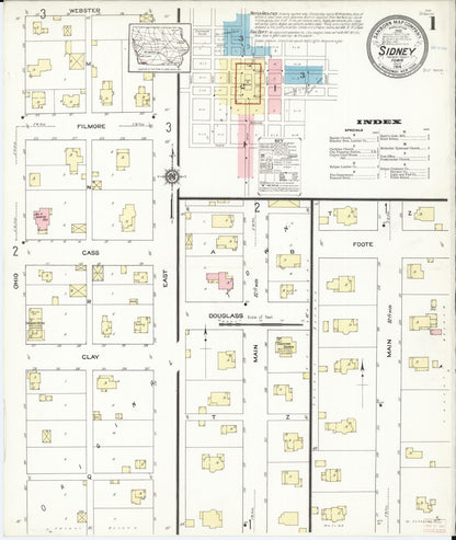 Sanborn Fire Insurance Map from Sidney, Fremont County, Iowa (1914), Sheet #0001 - Historic Sanborn Fire Insurance Map Print, vintage old map wall art