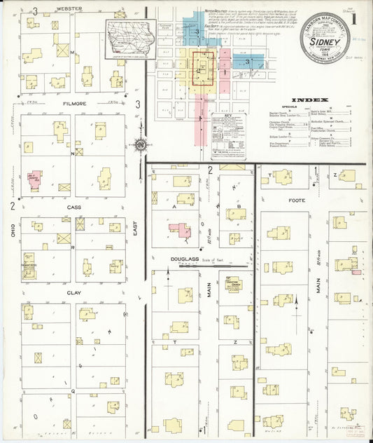 Sanborn Fire Insurance Map from Sidney, Fremont County, Iowa (1914), Sheet #0001 - Historic Sanborn Fire Insurance Map Print, vintage old map wall art