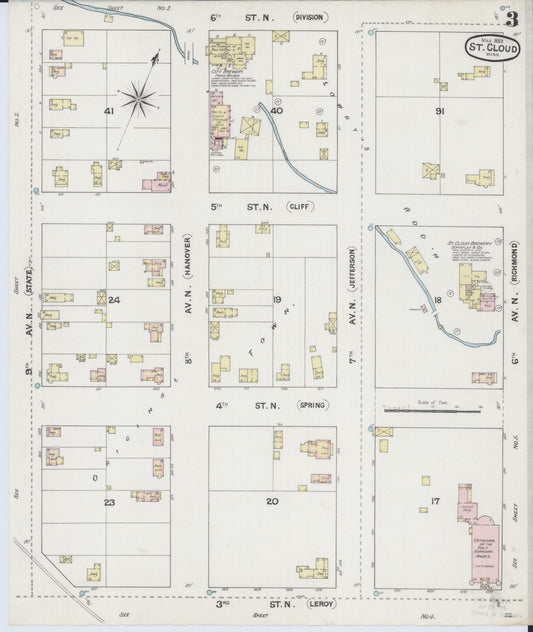 Sanborn Fire Insurance Map from Saint Cloud, Stearns, Benton, and Sherburne Counties, Minnesota (1889), Sheet #0003 - Historic Sanborn Fire Insurance Map Print, vintage old map wall art, antique decor, genealogy gift, Minnesota Minnesota map
