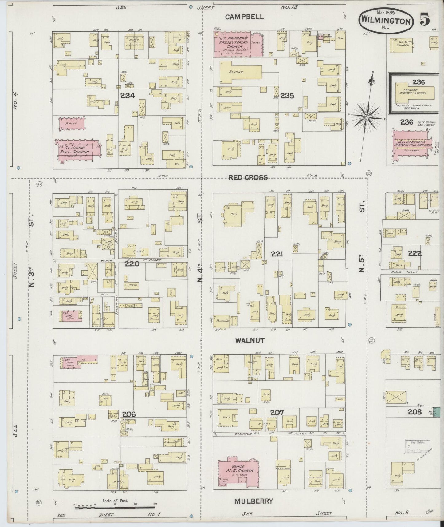 Sanborn Fire Insurance Map from Wilmington, New Hanover County, North Carolina (1889), Sheet #0005 - Complete Map Set gallery image, historic Sanborn map, vintage wall art, North Carolina North Carolina