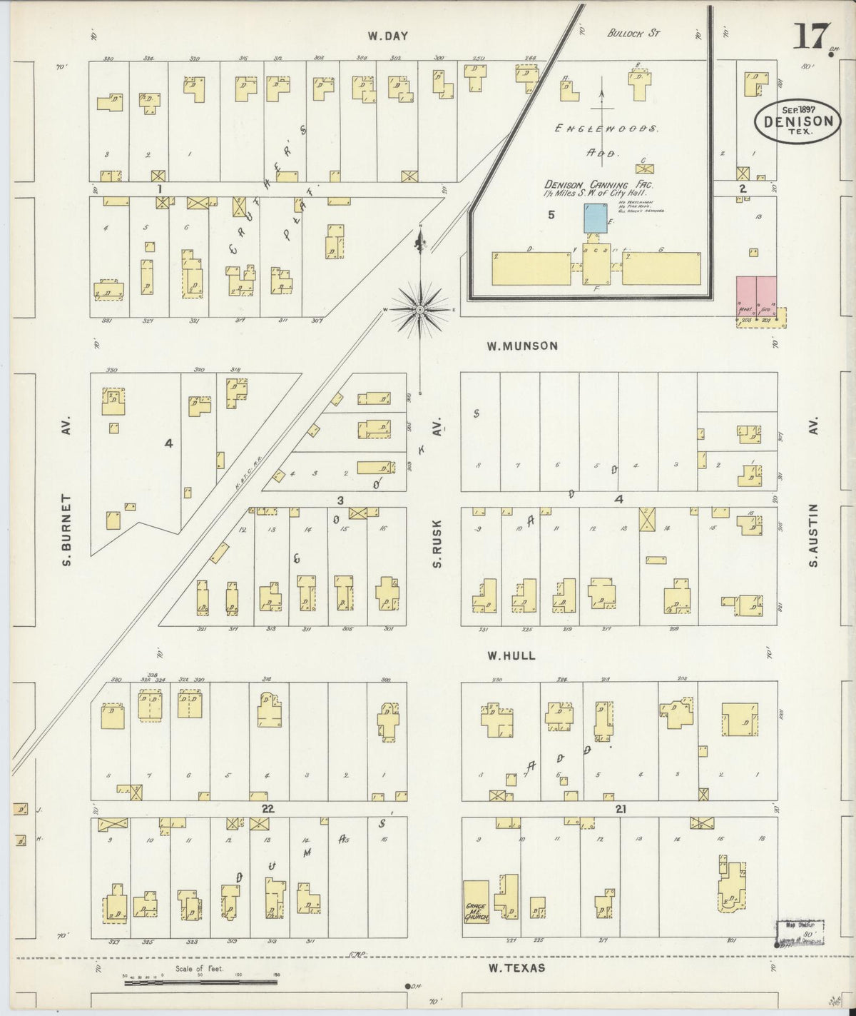 Sanborn Fire Insurance Map from Denison, Grayson County, Texas (1897), Sheet #0017 - Complete Map Set gallery image, historic Sanborn map, vintage wall art, Texas Texas