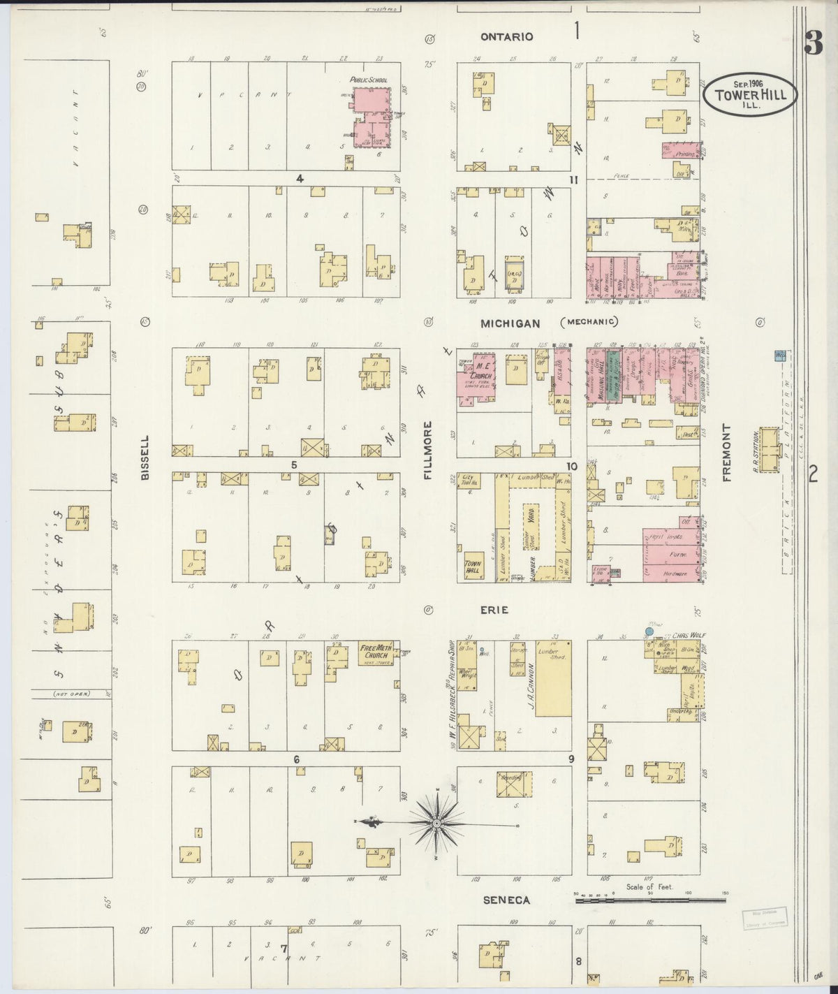 Sanborn Fire Insurance Map from Tower Hill, Shelby County, Illinois (1906), Sheet #0003 - Complete Map Set gallery image, historic Sanborn map, vintage wall art, Illinois Illinois