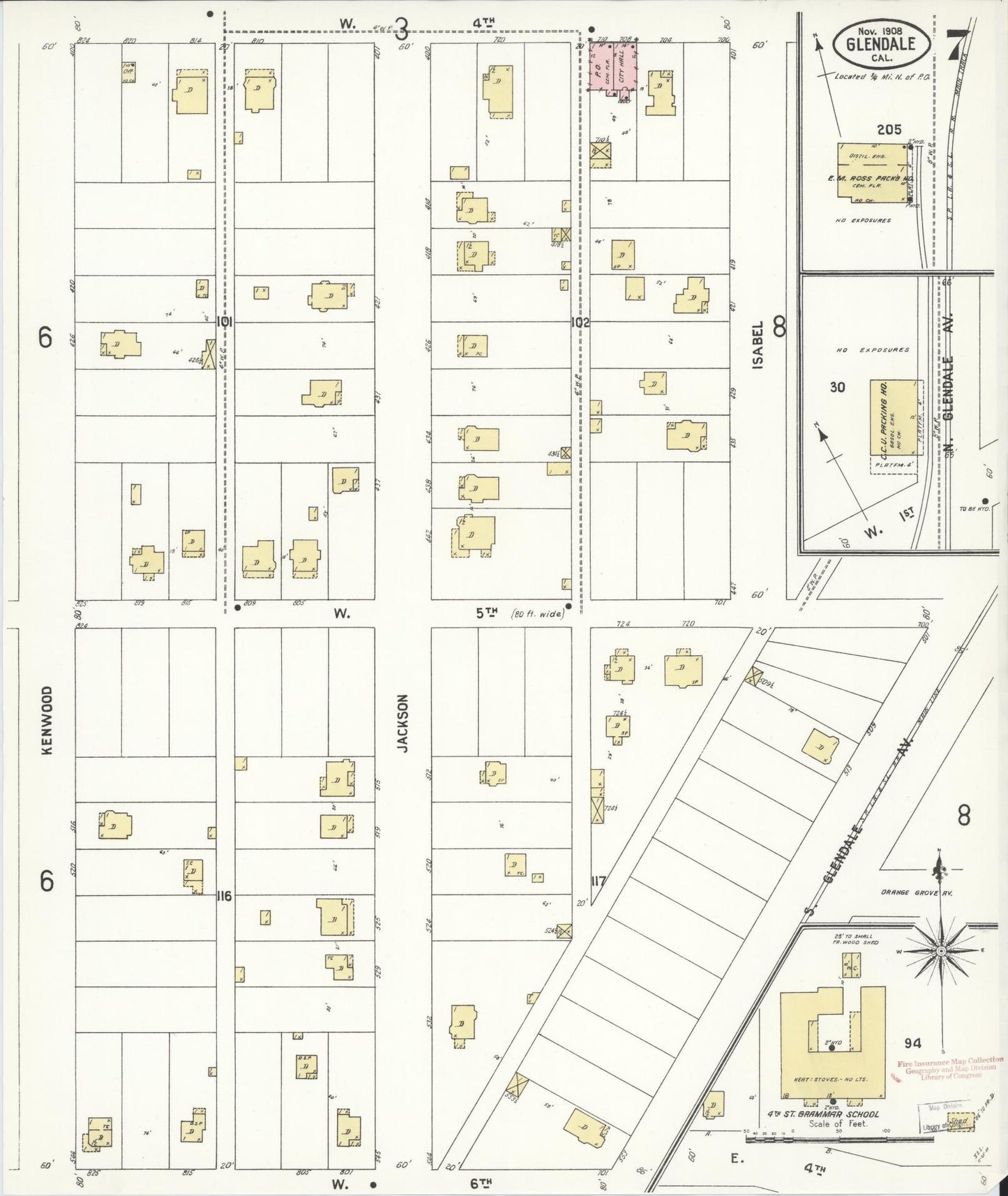 Sanborn Fire Insurance Map from Glendale, Los Angeles County, California (1908), Sheet #0007 - Historic Sanborn Fire Insurance Map Print, vintage old map wall art, antique decor, genealogy gift, California California map
