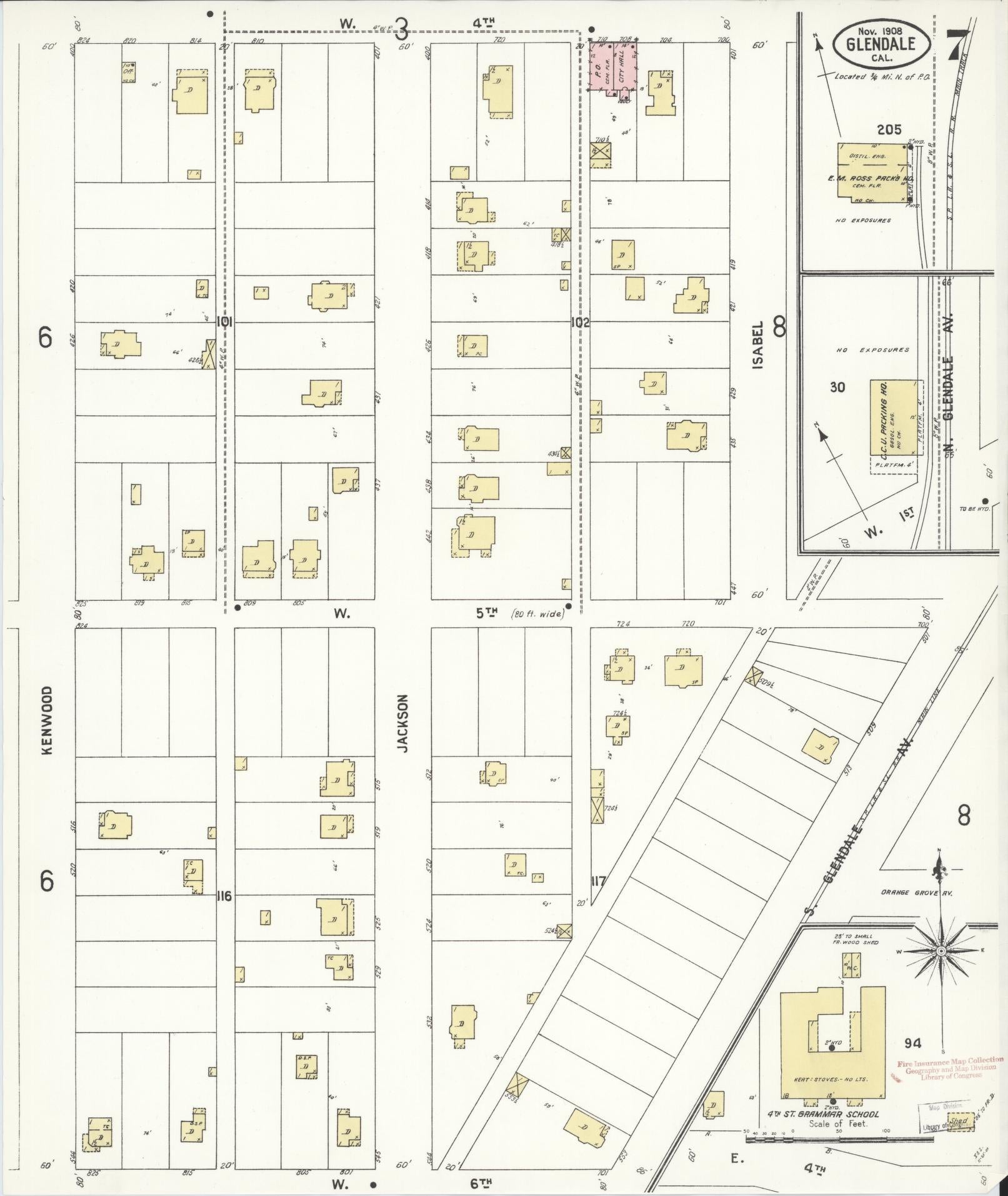 Sanborn Fire Insurance Map from Glendale, Los Angeles County, California (1908), Sheet #0007 - Historic Sanborn Fire Insurance Map Print, vintage old map wall art, antique decor, genealogy gift, California California map