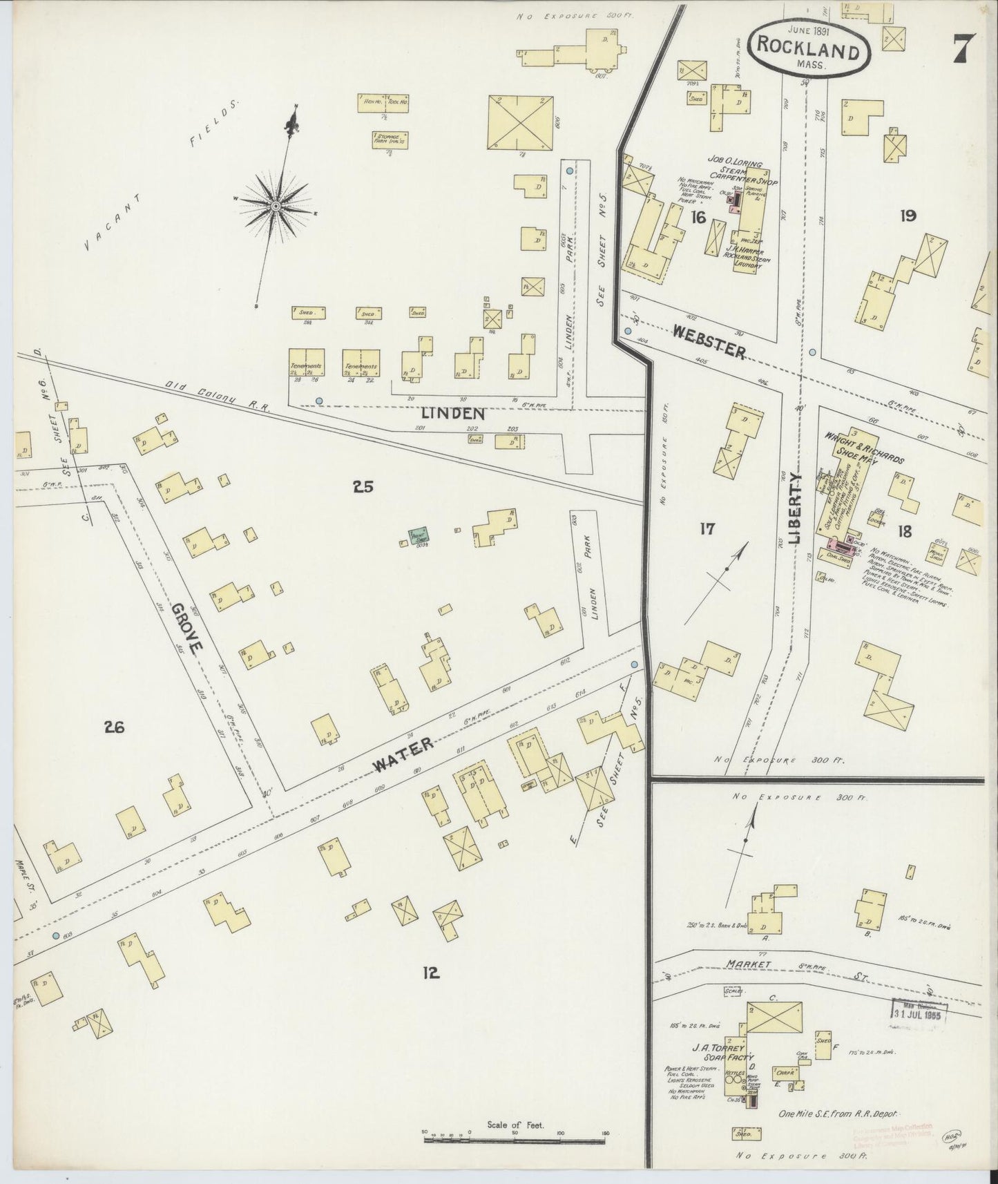 Sanborn Fire Insurance Map from Rockland, Plymouth County, Massachusetts (1891), Sheet #0007 - Complete Map Set gallery image, historic Sanborn map, vintage wall art, Massachusetts Massachusetts