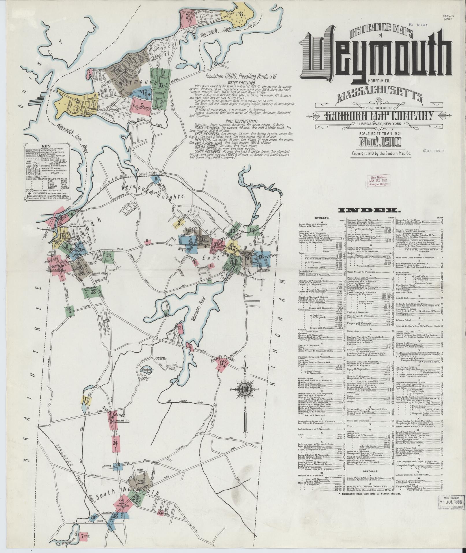 Sanborn Fire Insurance Map from Weymouth, Norfolk County, Massachusetts (1910), Sheet #0001 - Complete Map Set gallery image, historic Sanborn map, vintage wall art, Massachusetts Massachusetts