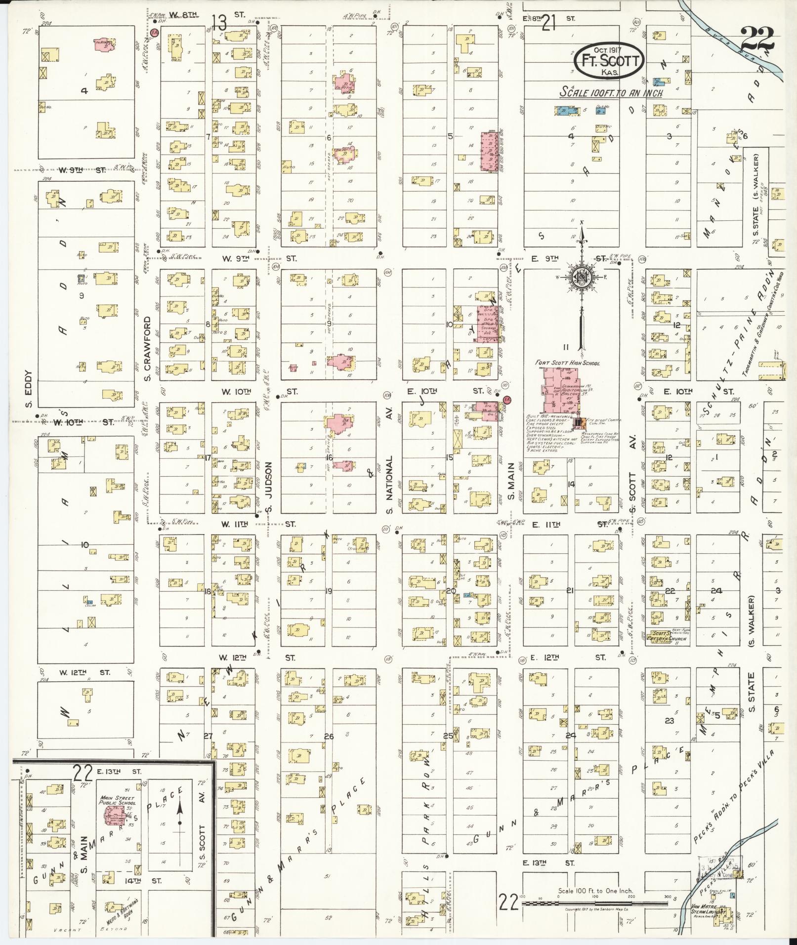 Sanborn Fire Insurance Map from Fort Scott, Bourbon County, Kansas (1917), Sheet #0022 - Historic Sanborn Fire Insurance Map Print, vintage old map wall art, antique decor, genealogy gift, Kansas Kansas map