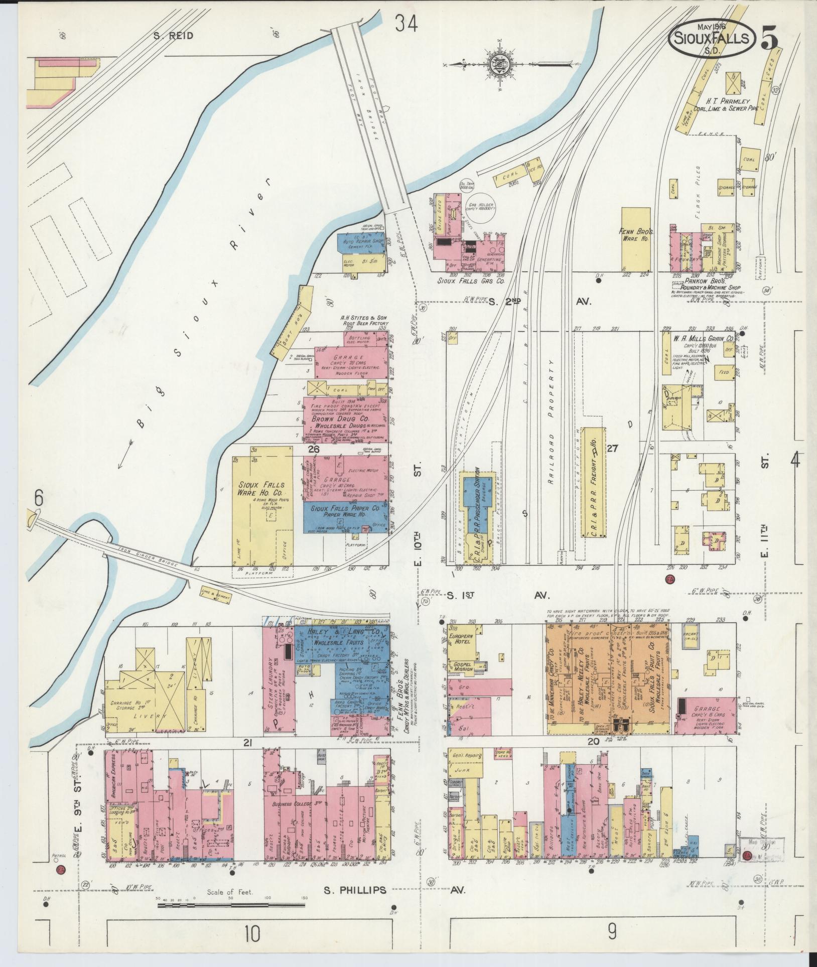 Sanborn Fire Insurance Map from Sioux Falls, Minnehaha County, South Dakota (1916), Sheet #0005 - Complete Map Set gallery image, historic Sanborn map, vintage wall art, South Dakota South Dakota
