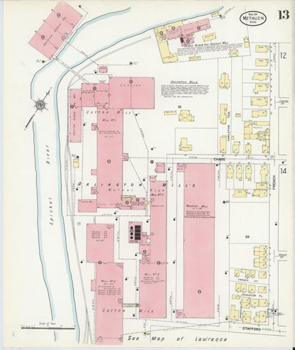 Sanborn Fire Insurance Map from Methuen, Essex County, Massachusetts (1911), Sheet #0013 - Historic Sanborn Fire Insurance Map Print, vintage old map wall art, antique decor, genealogy gift, Massachusetts Massachusetts map