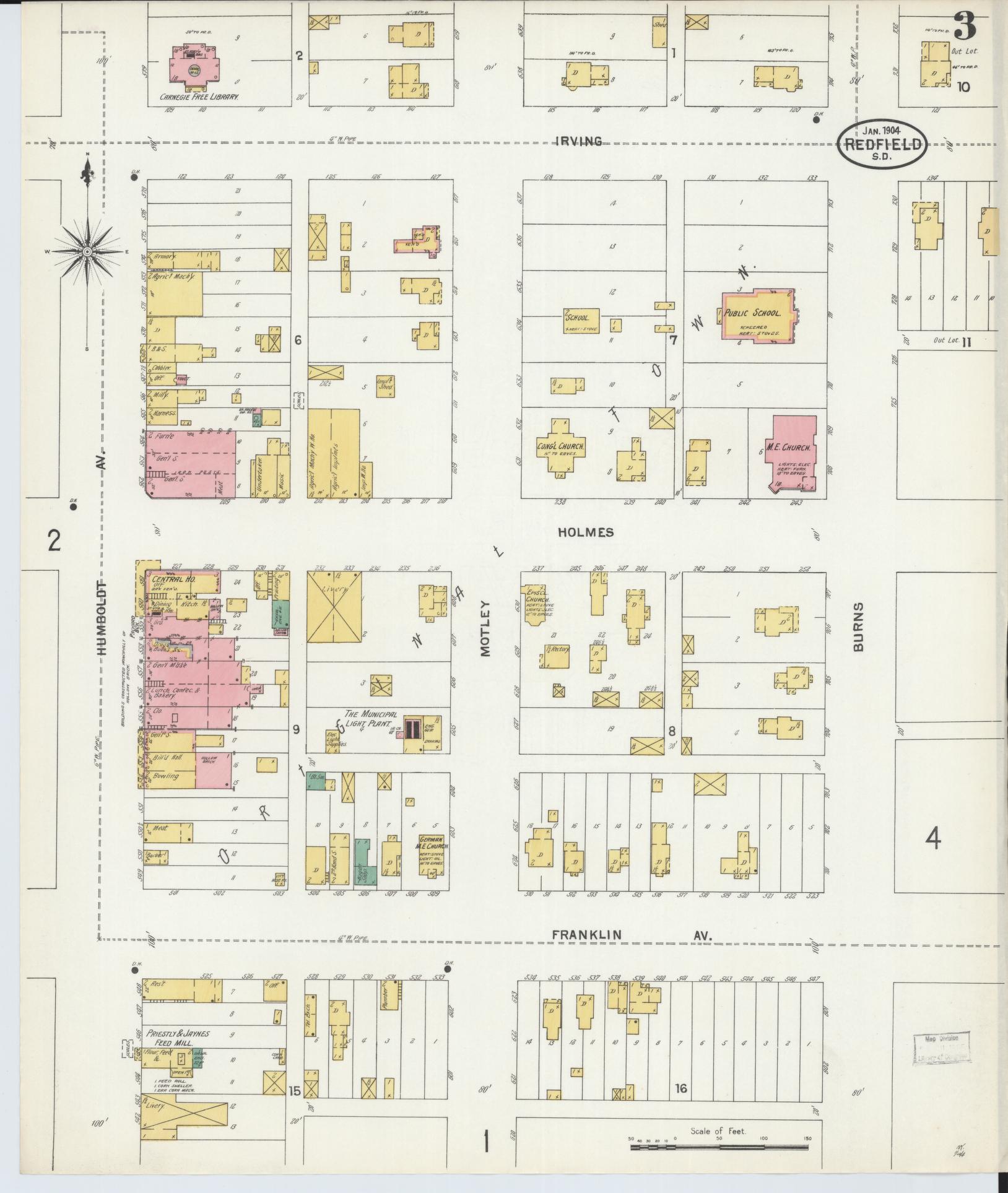 Sanborn Fire Insurance Map from Redfield, Spink County, South Dakota (1904), Sheet #0003 - Historic Sanborn Fire Insurance Map Print, vintage old map wall art, antique decor, genealogy gift, South Dakota South Dakota map