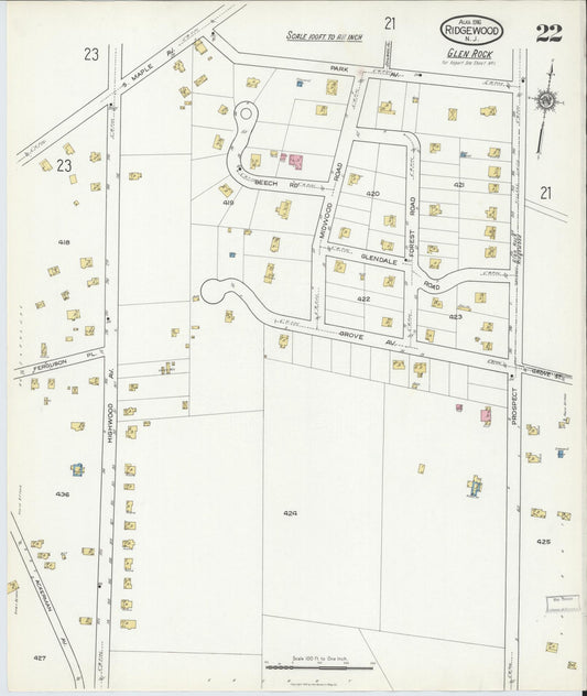 Sanborn Fire Insurance Map from Ridgewood, Bergen County, New Jersey (1916), Sheet #0022 - Historic Sanborn Fire Insurance Map Print, vintage old map wall art, antique decor, genealogy gift, New Jersey New Jersey map