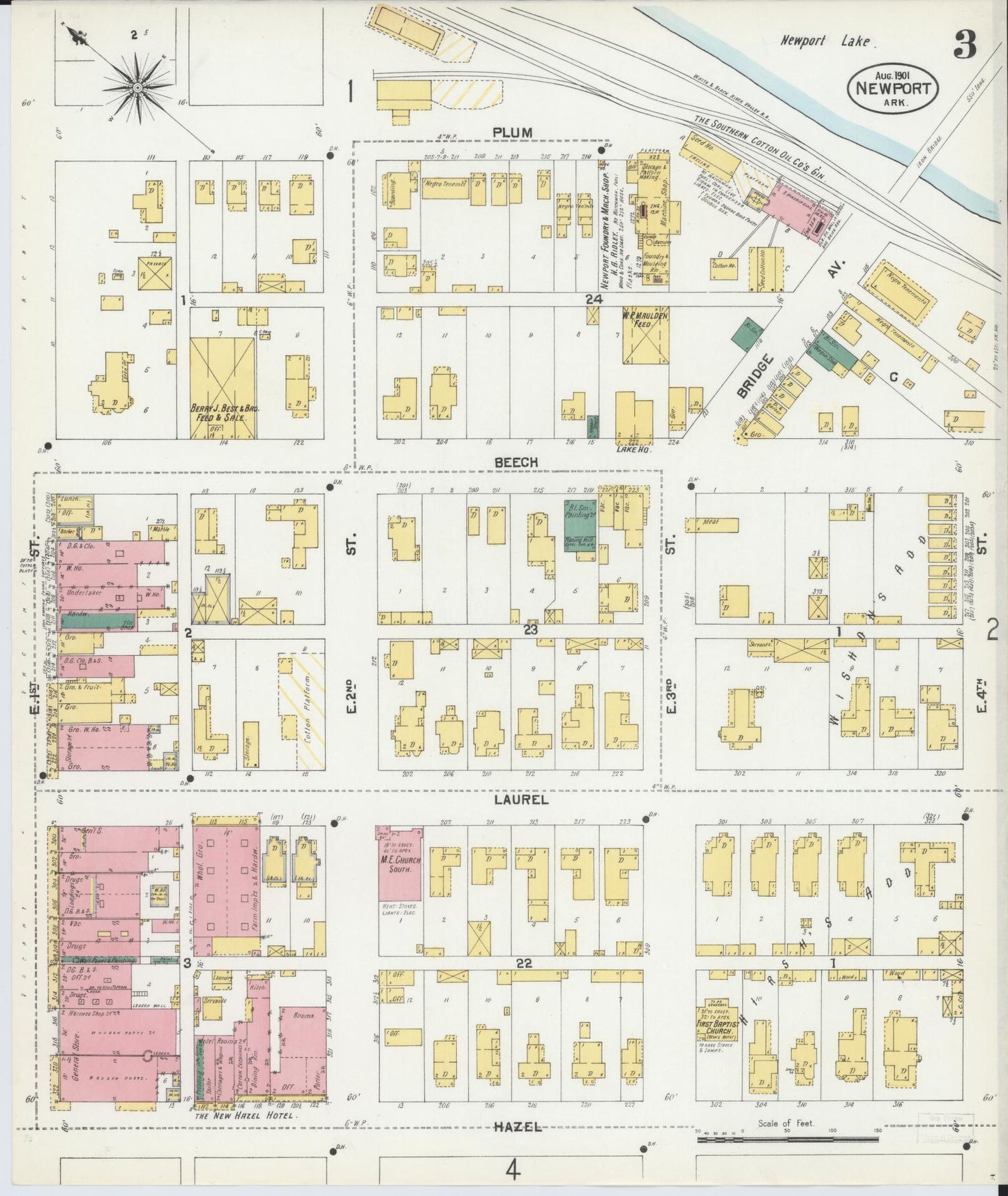 Sanborn Fire Insurance Map from Newport, Jackson County, Arkansas (1901), Sheet #0003 - Complete Map Set gallery image, historic Sanborn map, vintage wall art, Arkansas Arkansas
