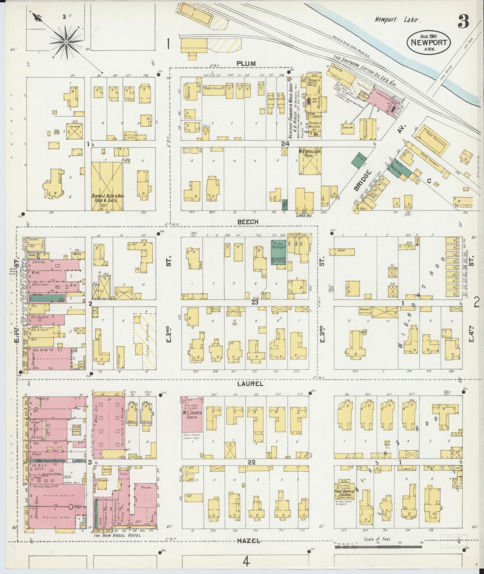 Sanborn Fire Insurance Map from Newport, Jackson County, Arkansas (1901), Sheet #0003 - Complete Map Set gallery image, historic Sanborn map, vintage wall art, Arkansas Arkansas