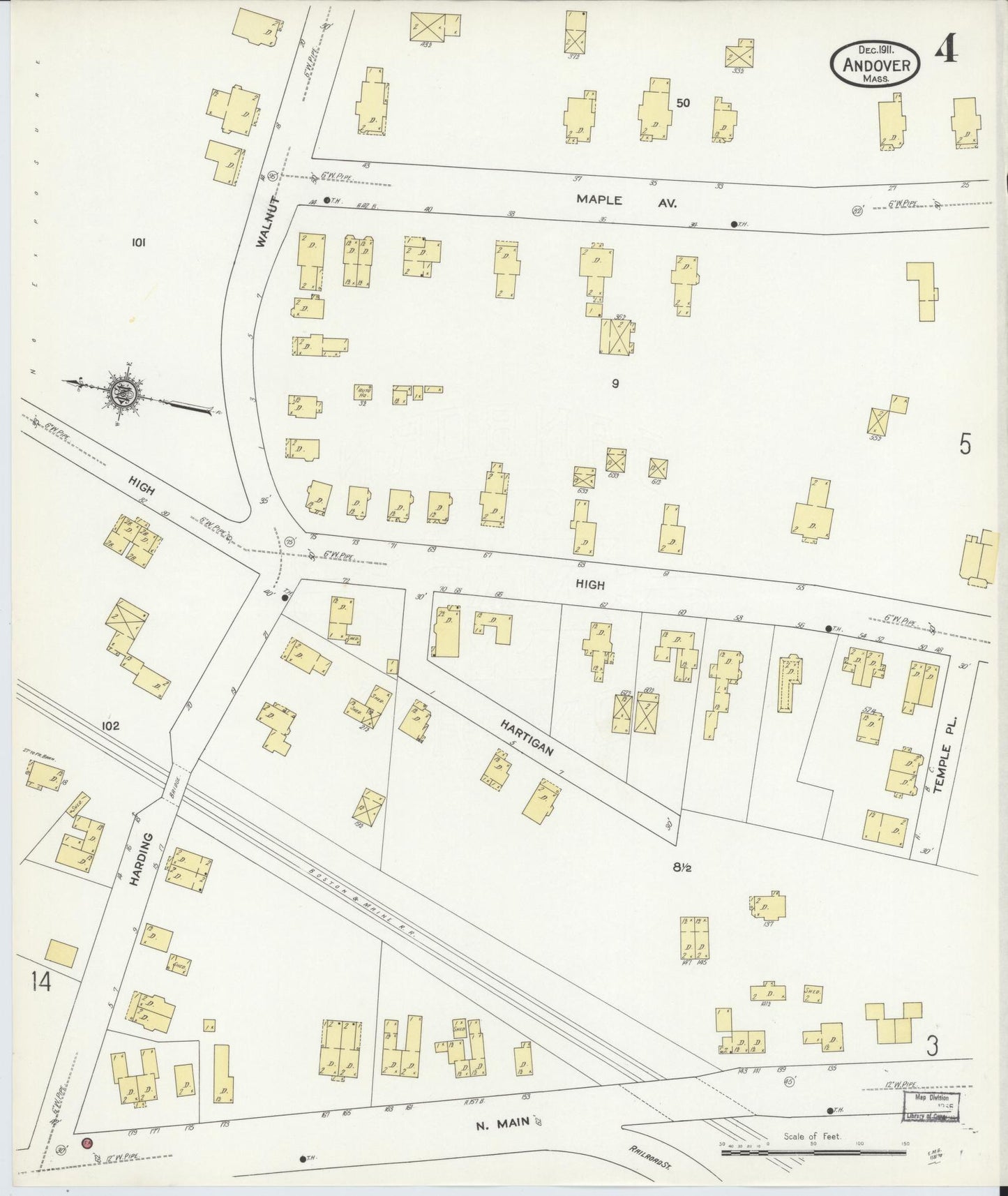 Sanborn Fire Insurance Map from Andover, Essex County, Massachusetts (1911), Sheet #0004 - Historic Sanborn Fire Insurance Map Print, vintage old map wall art, antique decor, genealogy gift, Massachusetts Massachusetts map