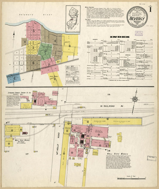 Sanborn Fire Insurance Map from Beverly, Burlington County, New Jersey (1915), Sheet #0001 - Historic Sanborn Fire Insurance Map Print, vintage old map wall art, antique decor, genealogy gift, New Jersey New Jersey map