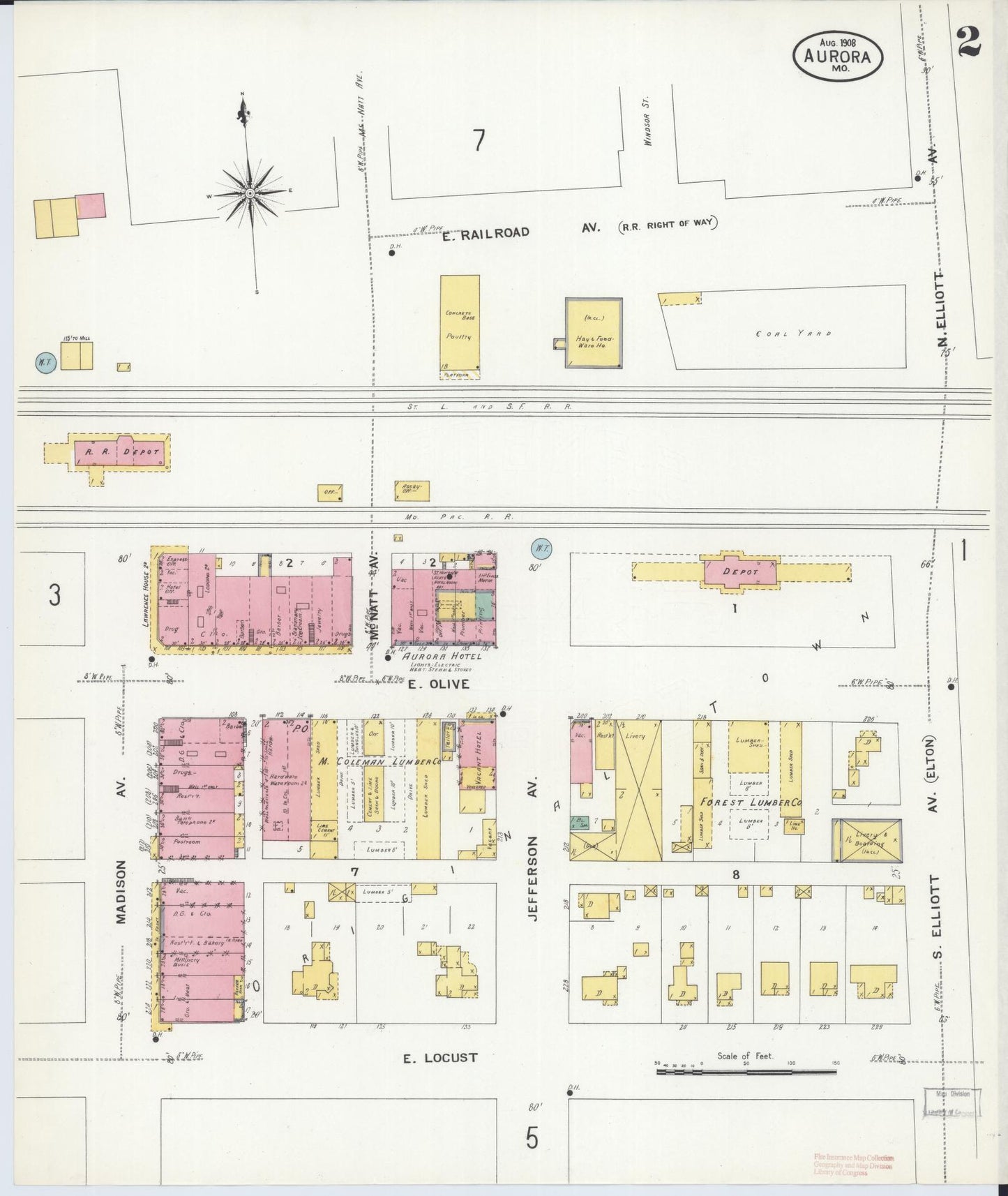 Sanborn Fire Insurance Map from Aurora, Lawrence County, Missouri (1908), Sheet #0002 - Complete Map Set gallery image, historic Sanborn map, vintage wall art, Missouri Missouri