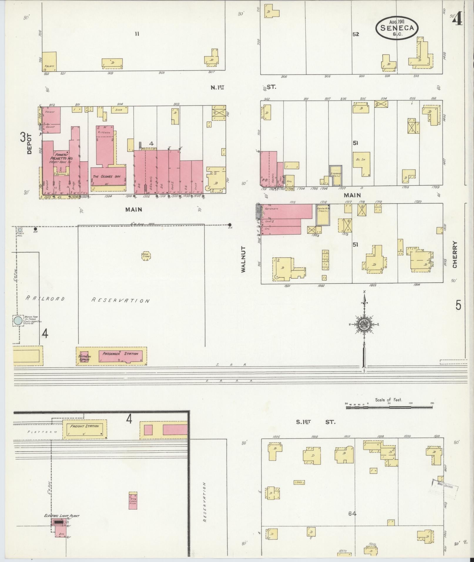 Sanborn Fire Insurance Map from Seneca, Oconee County, South Carolina (1911), Sheet #0004 - Historic Sanborn Fire Insurance Map Print, vintage old map wall art, antique decor, genealogy gift, South Carolina South Carolina map