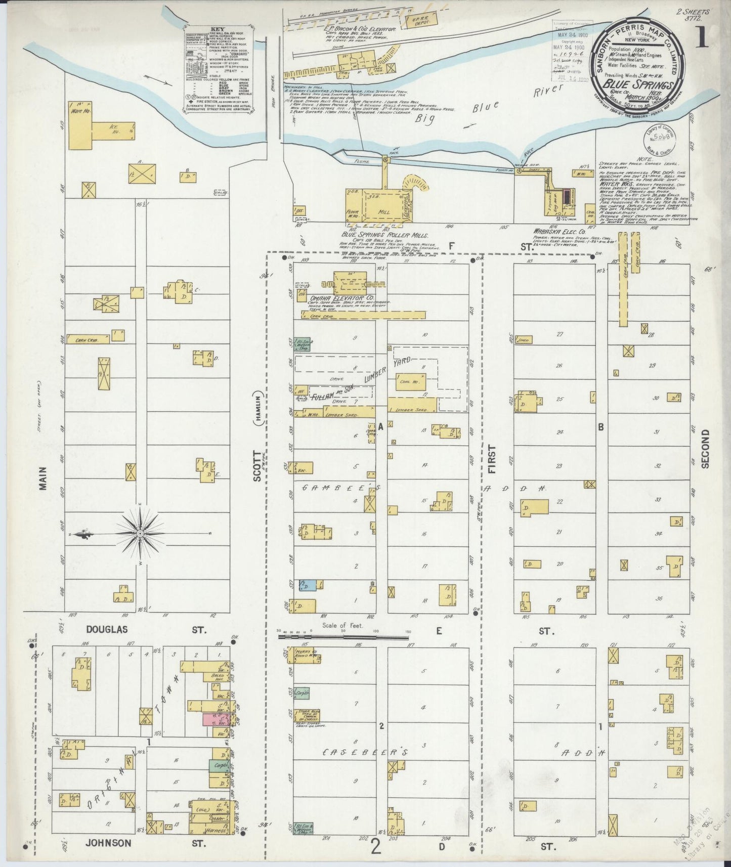 Sanborn Fire Insurance Map from Blue Springs, Gage County, Nebraska (1900), Sheet #0001 - Historic Sanborn Fire Insurance Map Print, vintage old map wall art, antique decor, genealogy gift, Nebraska Nebraska map