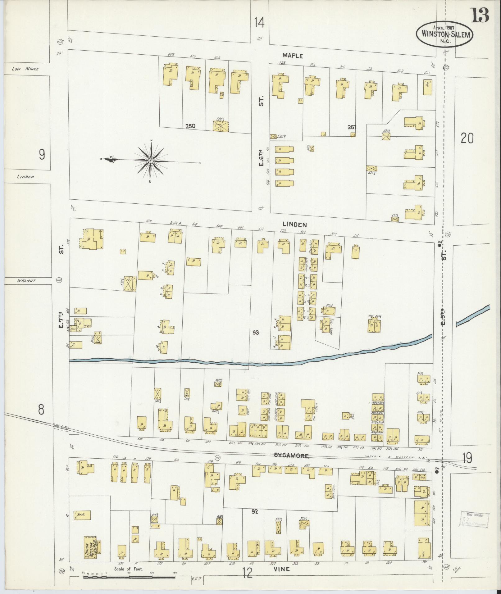 Sanborn Fire Insurance Map from Winston-Salem, Forsyth County, North Carolina (1907), Sheet #0013 - Historic Sanborn Fire Insurance Map Print, vintage old map wall art, antique decor, genealogy gift, North Carolina North Carolina map
