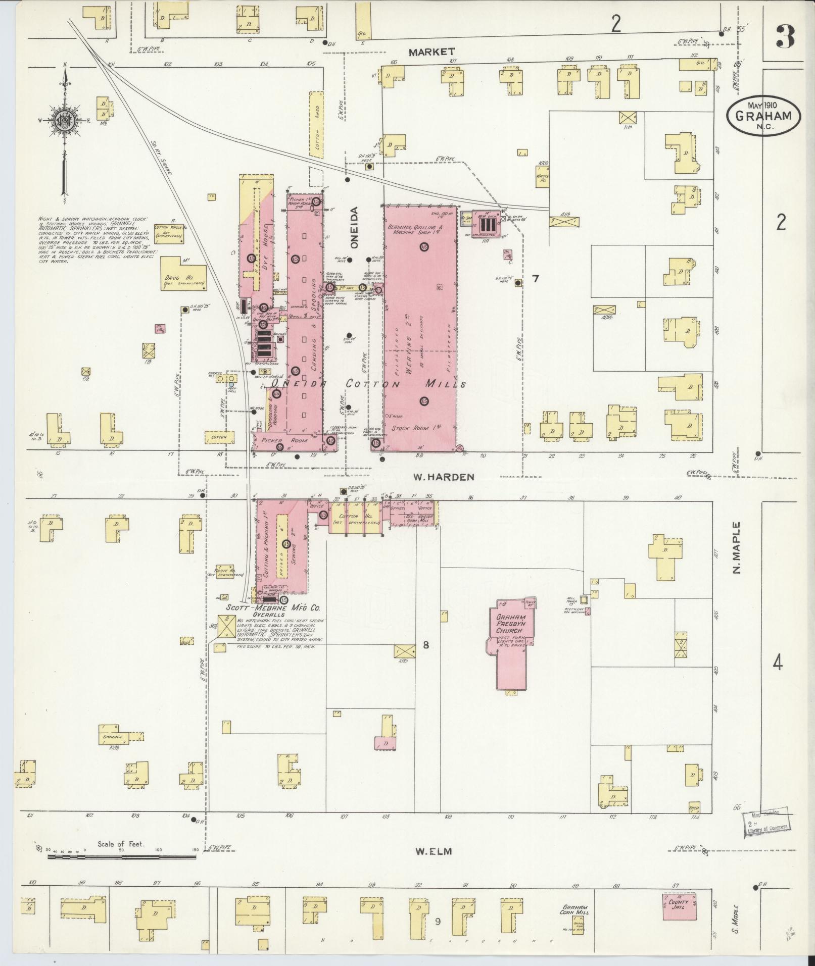 Sanborn Fire Insurance Map from Graham, Alamance County, North Carolina (1910), Sheet #0003 - Complete Map Set gallery image, historic Sanborn map, vintage wall art, North Carolina North Carolina