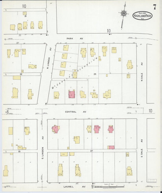 Sanborn Fire Insurance Map from Highland Park, Lake County, Illinois (1918), Sheet #0007 - Historic Sanborn Fire Insurance Map Print, vintage old map wall art, antique decor, genealogy gift, Illinois Illinois map