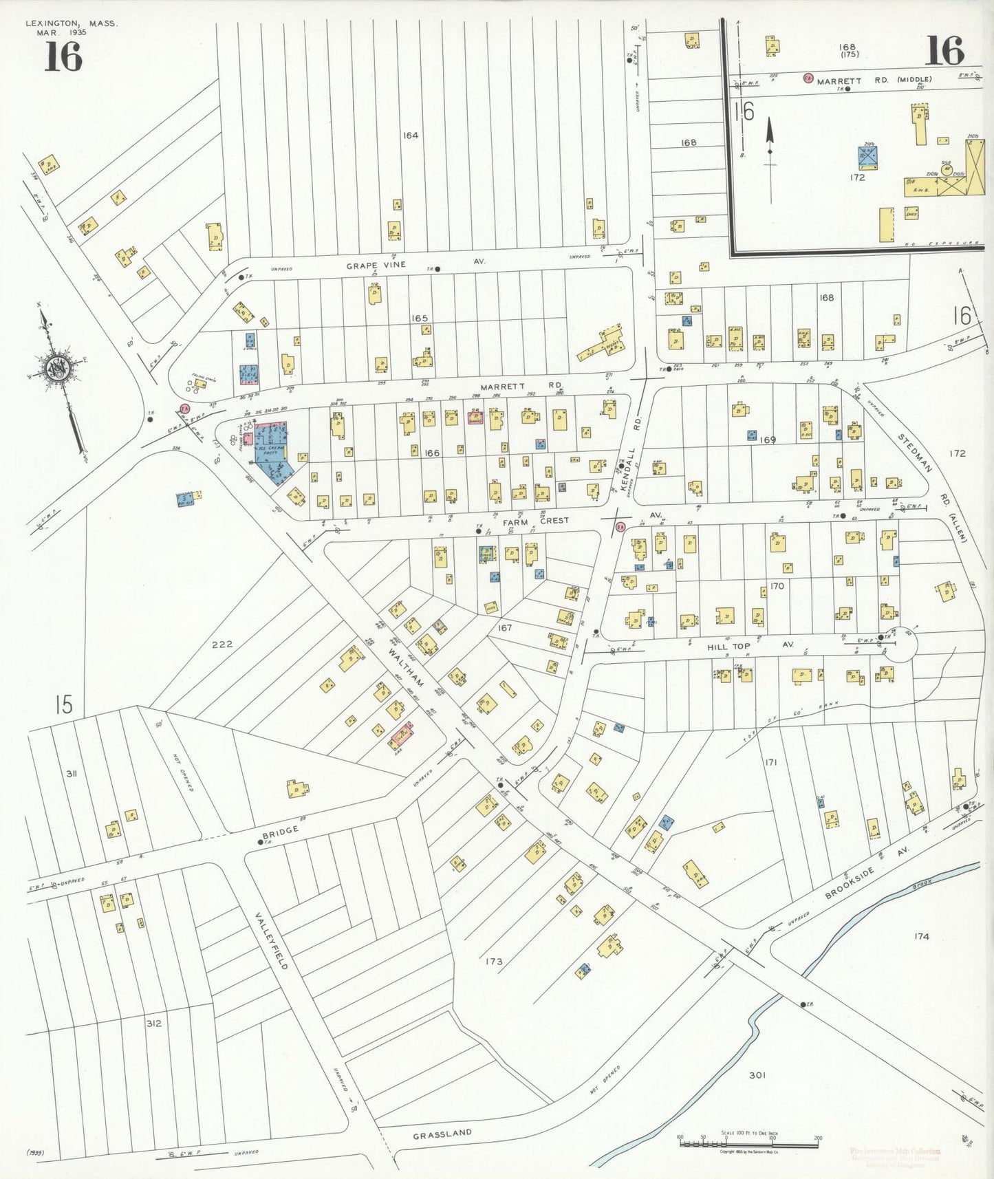 Sanborn Fire Insurance Map from Lexington, Middlesex County, Massachusetts (1935), Sheet #0016 - Historic Sanborn Fire Insurance Map Print, vintage old map wall art, antique decor, genealogy gift, Massachusetts Massachusetts map