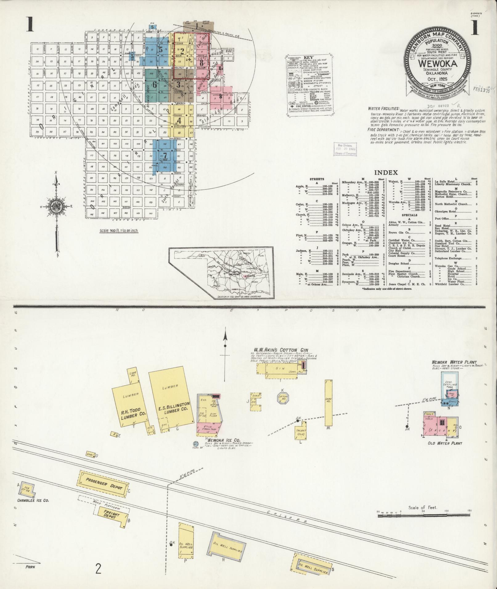 Sanborn Fire Insurance Map from Wewoka, Seminole County, Oklahoma (1925), Sheet #0001 - Complete Map Set gallery image, historic Sanborn map, vintage wall art, Oklahoma Oklahoma
