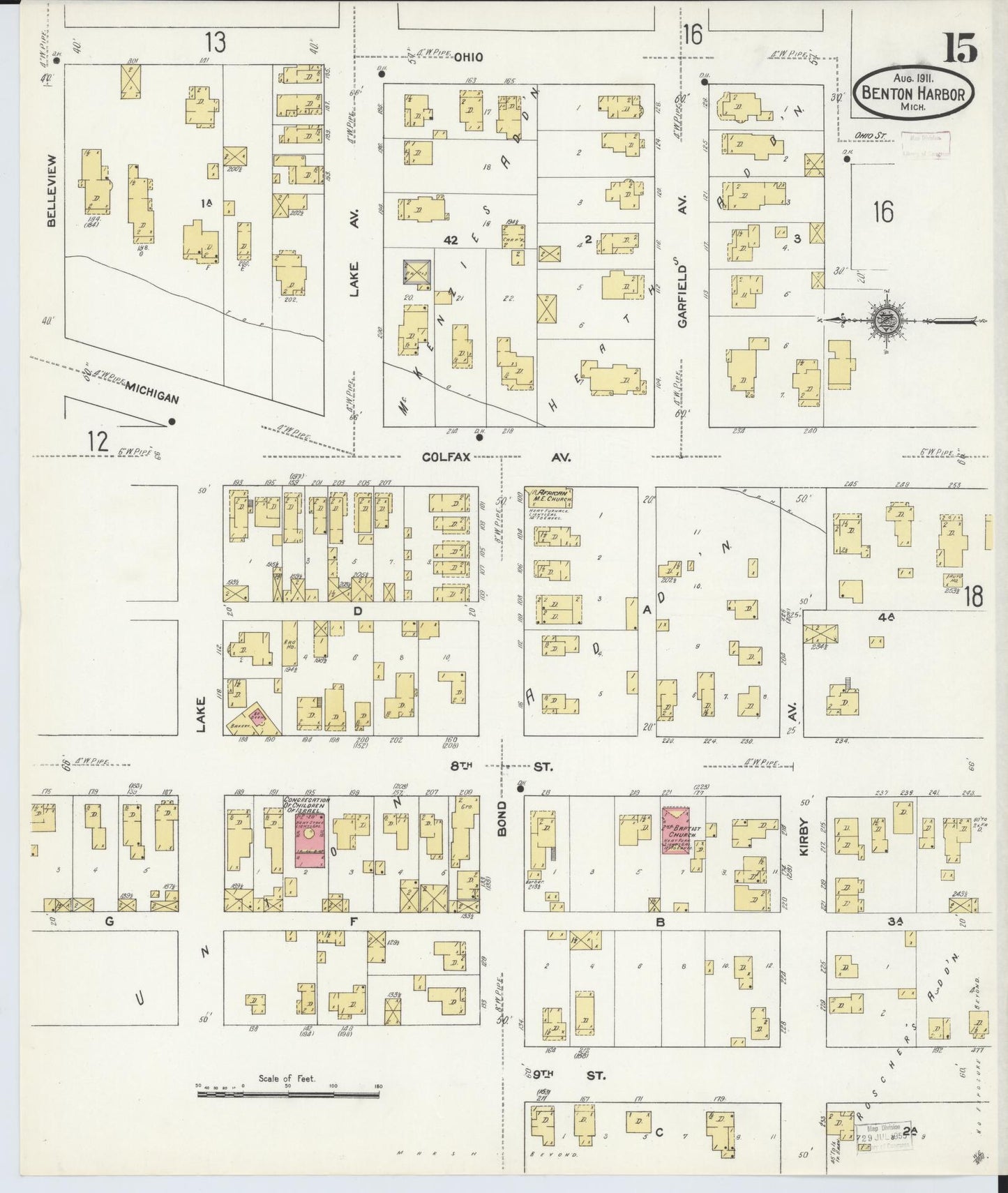 Sanborn Fire Insurance Map from Benton Harbor, Berrien County, Michigan (1911), Sheet #0015 - Complete Map Set gallery image, historic Sanborn map, vintage wall art, Michigan Michigan