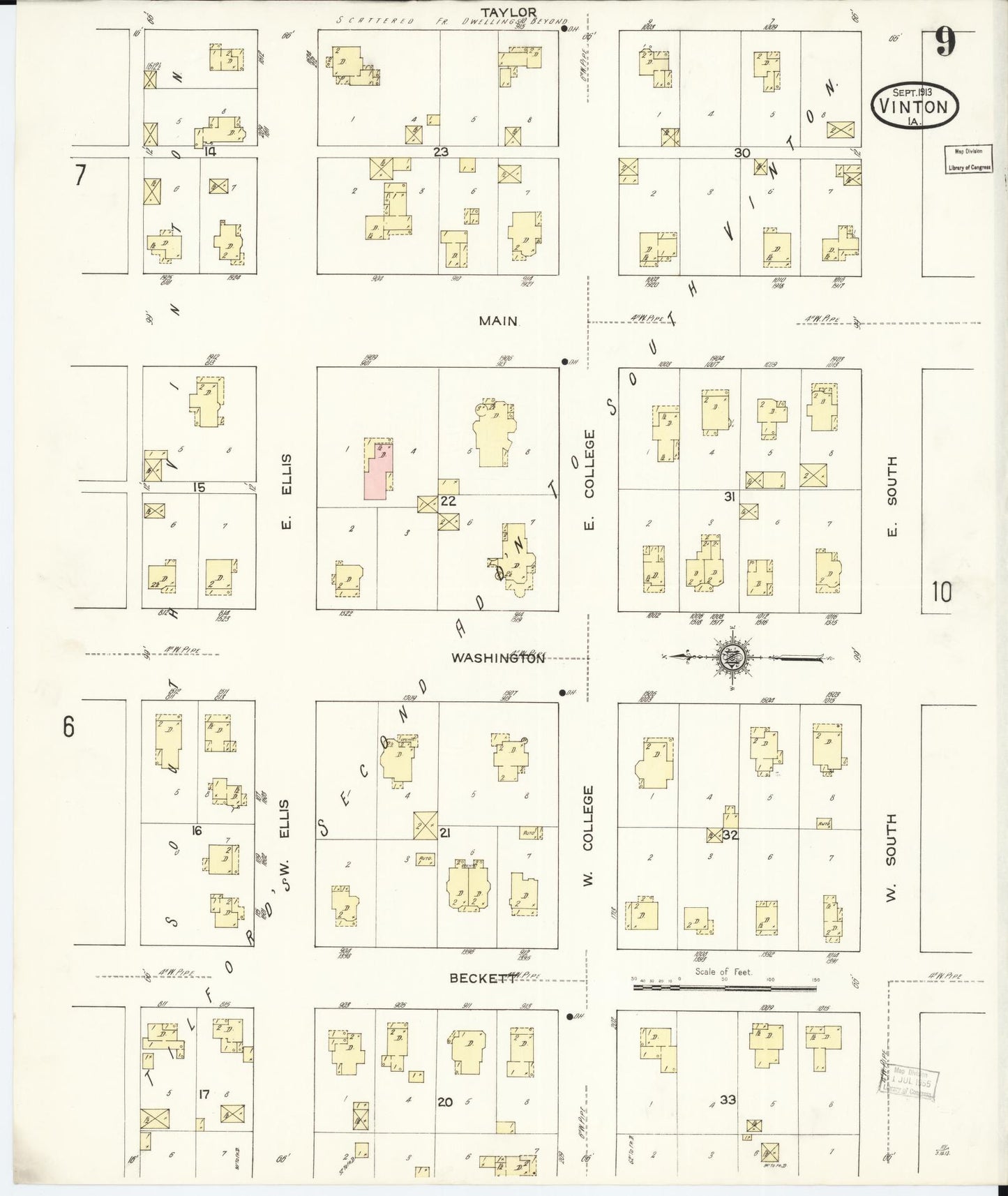 Sanborn Fire Insurance Map from Vinton, Benton County, Iowa (1913), Sheet #0009 - Historic Sanborn Fire Insurance Map Print, vintage old map wall art